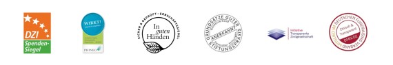 Siegelleiste mit DZI-Spendensiegel, Phineo-Wirkt-Siegel, Erbschaftssiegel, Siegel Bundesverband Deutscher Stiftungen, Siegel Initiative Transparente Zivilgesellschaft, Siegel Mitglied im Deutschen Fundraising Verband